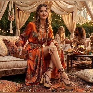 Coach Bronze Brown Leather Strappy Wooden Heel Sandals Modern Minimalist